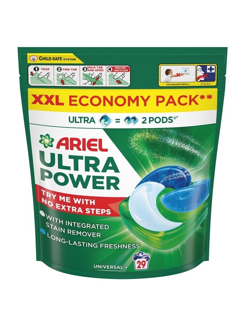 Skalbimo kapsulės Ariel Ultra Power Universal+, 29 vnt.