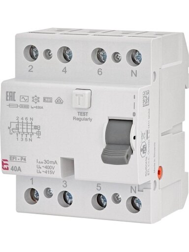Srovės nuotėkio relė EFI-P4, 40A, 10kA, 30mA AC, 3P+N