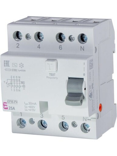 Srovės nuotėkio relė EFI6-P4 (25 A, 6 kA, 30 mA AC, 4P)