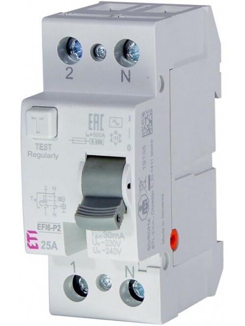 Srovės nuotėkio relė EFI6-P2 (25 A, 6 kA, 30 mA AC, 2P) Srovės nuotėkio relė EFI6-P2 (25 A, 6 kA, 30 mA AC, 2P)