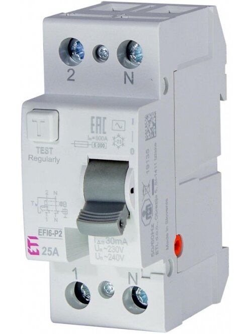 Srovės nuotėkio relė EFI6-P2 (40 A, 6 kA, 30 mA AC, 2P) Srovės nuotėkio relė EFI6-P2 (40 A, 6 kA, 30 mA AC, 2P)