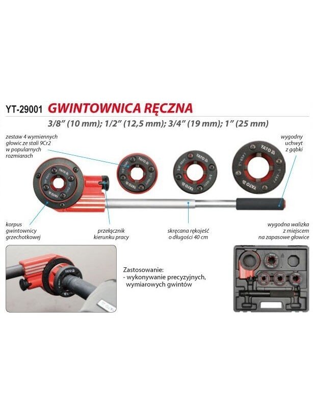 Sriegimo įrankių rinkinys vamzdžiams 4 vnt Yato | 3/8 "(10mm), 1/2"(12.5mm), 3/4"(19mm), 1"(25mm) 4 Sriegimo įrankių rinkinys vamzdžiams 4 vnt Yato | 3/8 "(10mm), 1/2"(12.5mm), 3/4"(19mm), 1"(25mm) 4