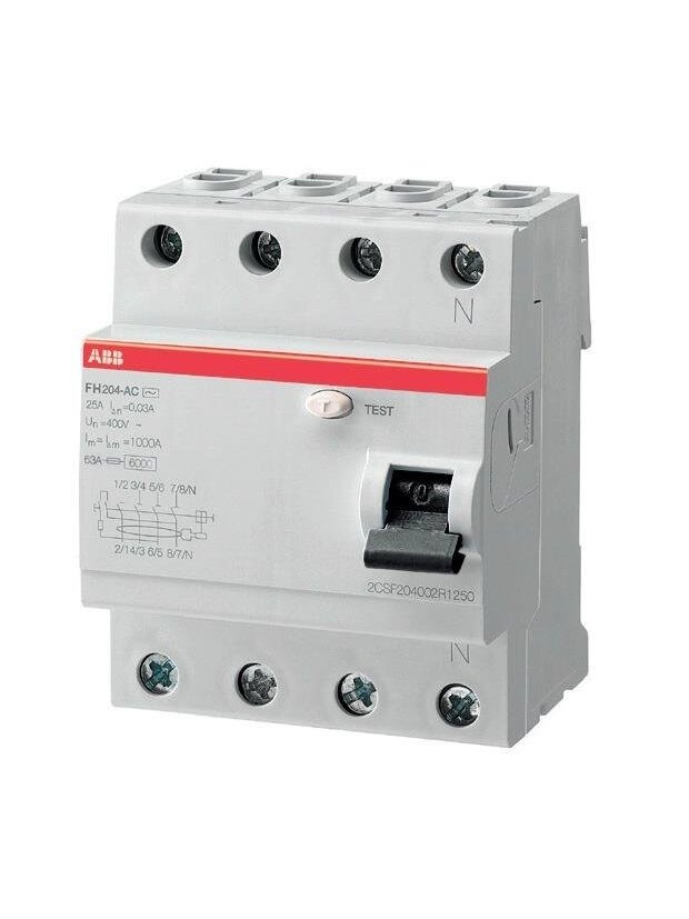 Srovės nuotėkio relė FH204, 25A, 6kA, 30mA AC, 4P Srovės nuotėkio relė FH204, 25A, 6kA, 30mA AC, 4P