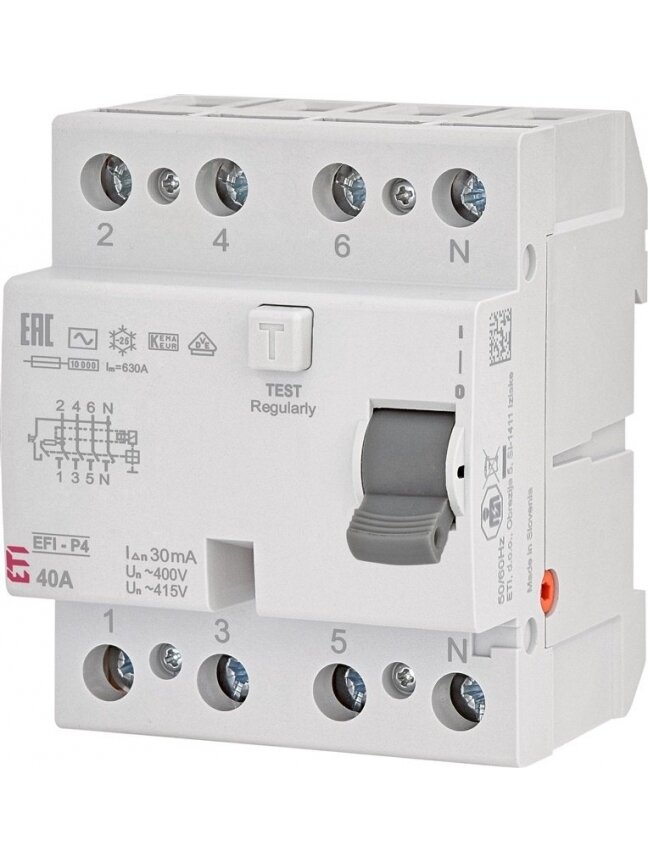 Srovės nuotėkio relė EFI-P4, 40A, 10kA, 30mA AC, 3P+N