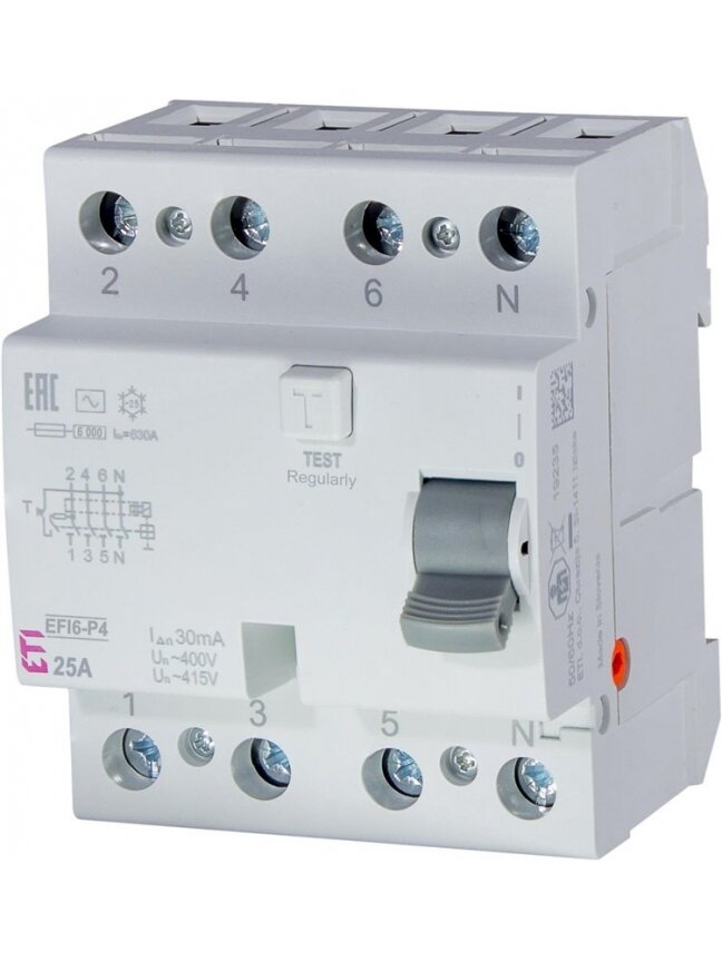Srovės nuotėkio relė EFI6-P4 (25 A, 6 kA, 30 mA AC, 4P) Srovės nuotėkio relė EFI6-P4 (25 A, 6 kA, 30 mA AC, 4P)