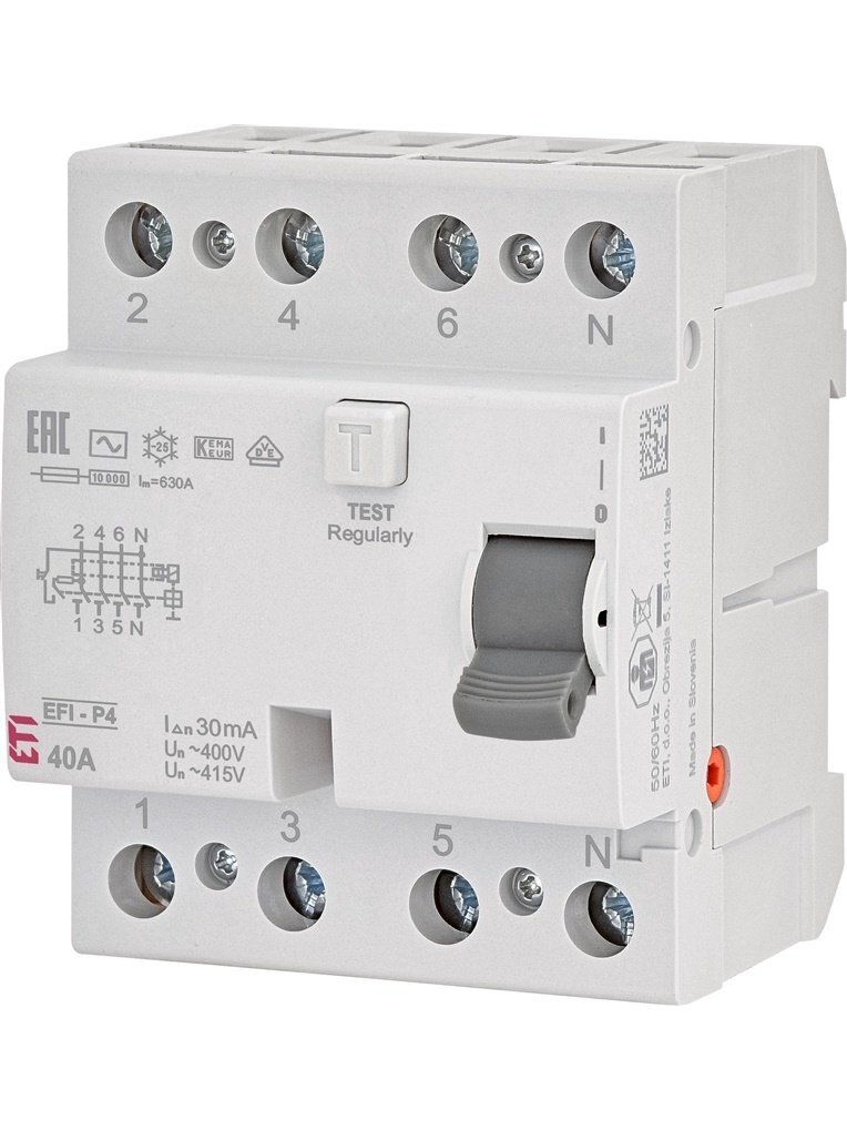 Srovės nuotėkio relė EFI-P4, 40A, 10kA, 30mA AC, 3P+N