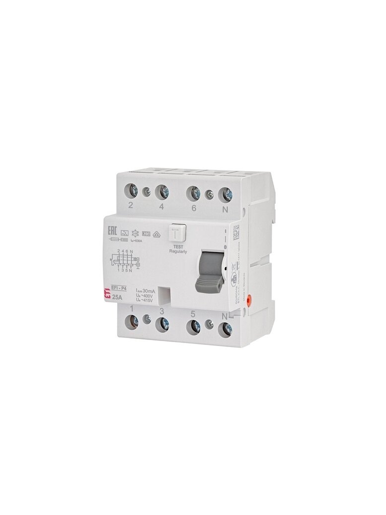 Srovės nuotėkio rėlė ETI EFI6-P4 A 6kA, 4P, 25 A, 415 V,30mA Srovės nuotėkio rėlė ETI EFI6-P4 A 6kA, 4P, 25 A, 415 V,30mA