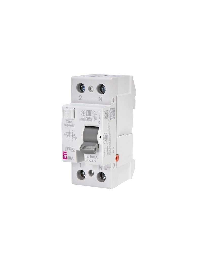Srovės nuotėkio rėlė ETI EFI6-P2 A 6kA, 2P, 40 A, 240 V,30mA Srovės nuotėkio rėlė ETI EFI6-P2 A 6kA, 2P, 40 A, 240 V,30mA