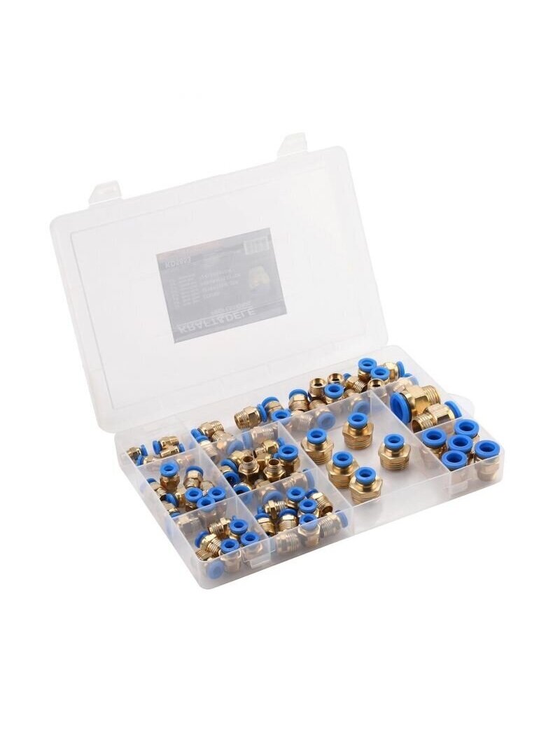 ⬡ Sriegiuotų pneumatinių greitųjų jungčių rinkinys (4–16 mm) (1/8"+1/4"+1/2") 72 vnt. (KD5853)