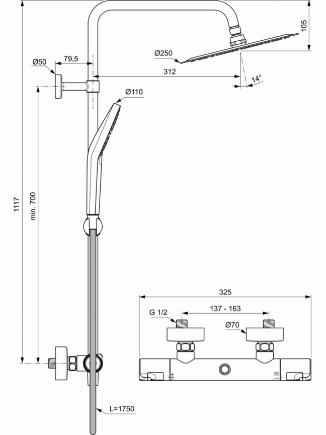 Stacionari dušo sistema Ideal Standard Ceratherm T50, su Ø250 galva ir rankiniu dušu, chrom 6 Stacionari dušo sistema Ideal Standard Ceratherm T50, su Ø250 galva ir rankiniu dušu, chrom 6