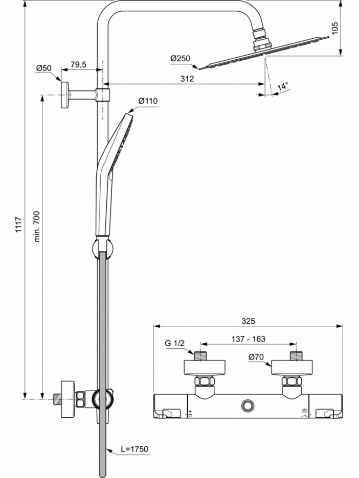 Stacionari dušo sistema Ideal Standard Ceratherm T50, su Ø250 galva ir rankiniu dušu, chrom 6 Stacionari dušo sistema Ideal Standard Ceratherm T50, su Ø250 galva ir rankiniu dušu, chrom 6