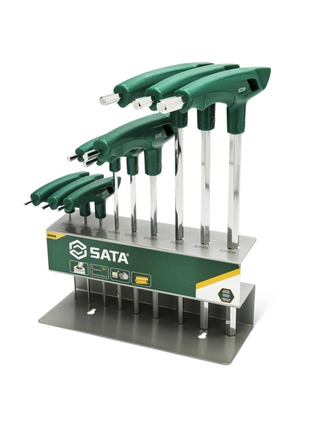 ⬡ T formos rankenos šešiabriaunių raktų rinkinys 2-10 mm, 9 vnt. (ST09118, SATA) ⬡ T formos rankenos šešiabriaunių raktų rinkinys 2-10 mm, 9 vnt. (ST09118, SATA)