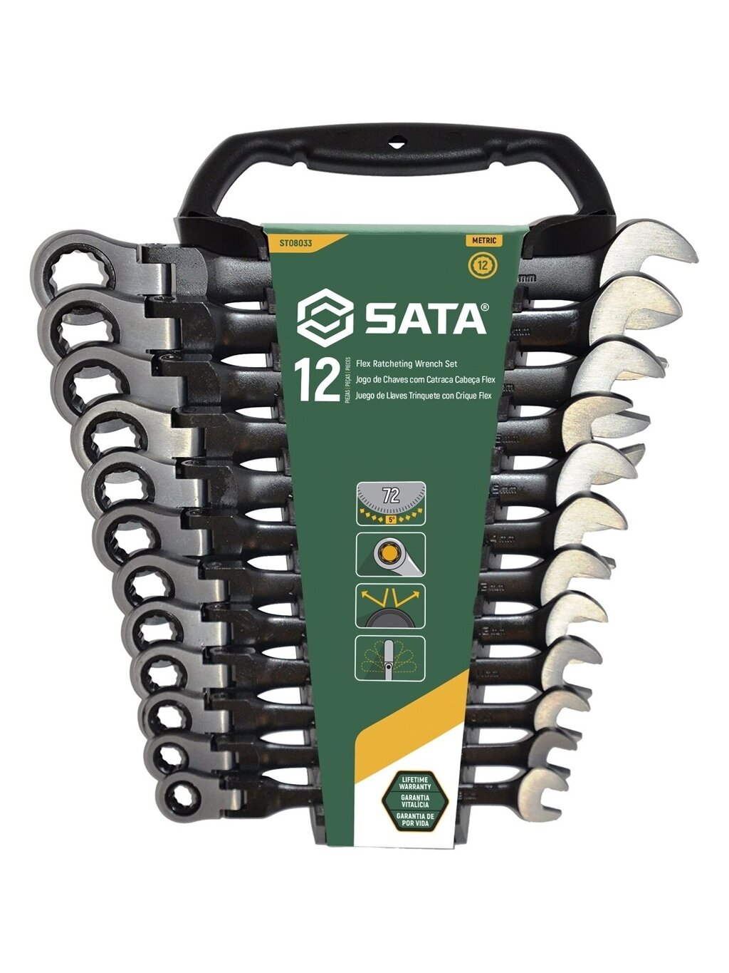 ⬡ Terkšlinių raktų su lankstoma galva rinkinys 12 vnt. (8-19 mm) (ST08033, SATA)