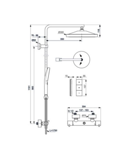 Termostatinė dušo sistema Ideal Standard T125+ su apvalia 300 mm, 3 funkcijų pagrindine dušo galva 12 l/min