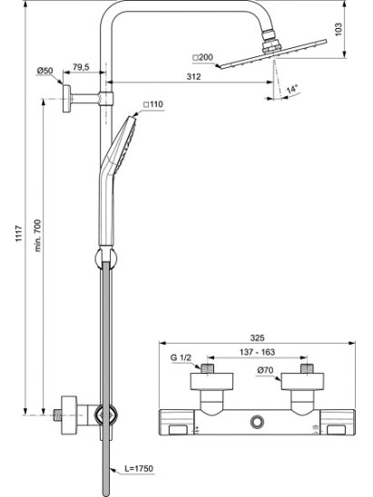 Termostatinė dušo sistema Ceratherm T100, 200mm kvadratinė dušo galva, rankinis dušas, chromas 1