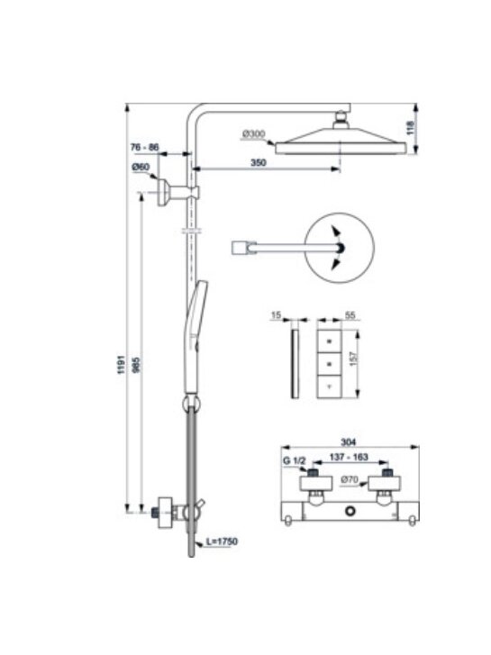 Termostatinė dušo sistema Ideal Standard T125+ su apvalia 300 mm,3 funkcijų pagrindine dušo galva 12 l/min 2 Termostatinė dušo sistema Ideal Standard T125+ su apvalia 300 mm,3 funkcijų pagrindine dušo galva 12 l/min 2