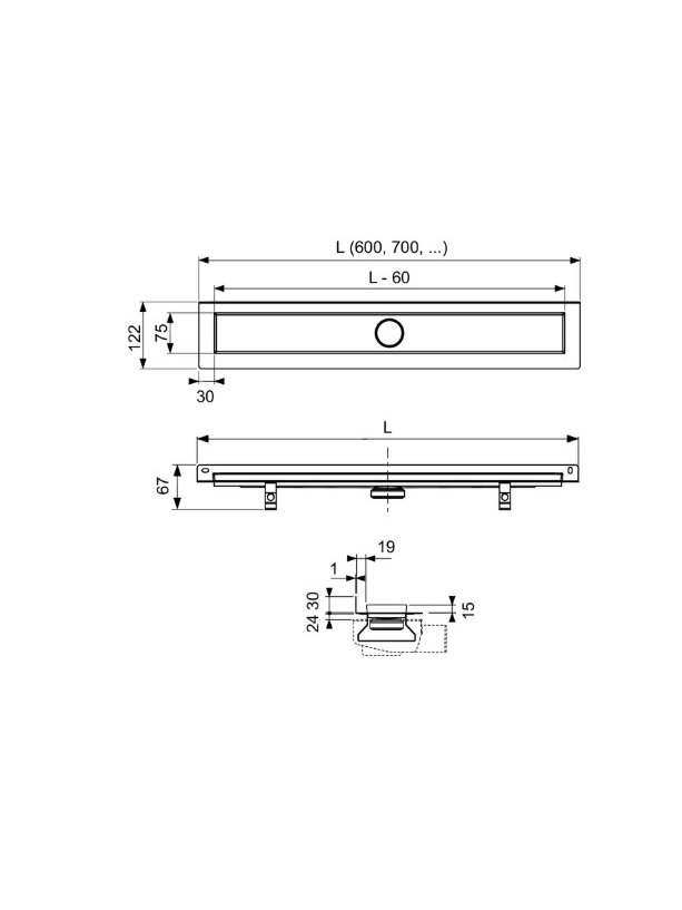 TECElinus dušo latako komplektas su dvipusėmis grotelėmis steel/plate , su užlenktu flanšu 800mm 1