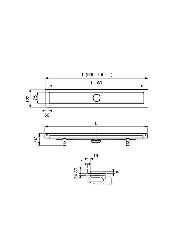 TECElinus dušo latako komplektas su dvipusėmis grotelėmis steel/plate , su užlenktu flanšu 900mm 1