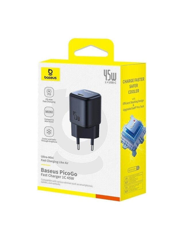 Telefono įkroviklis Baseus PicoGo GaN, USB Type-C, juoda 45W 1