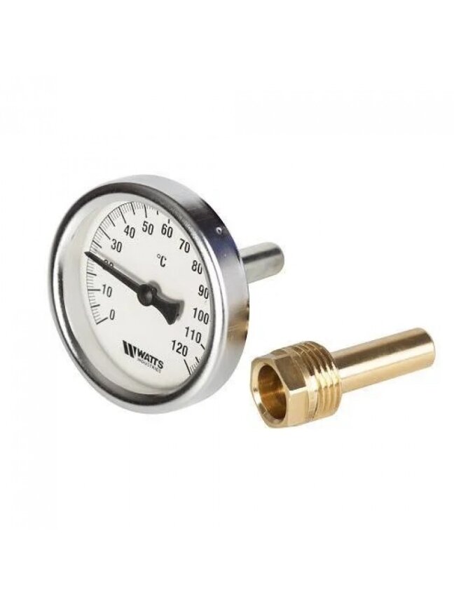 Termometras apvalus bimetalinis Watts, montuojamas į gilzę 120°C T63/99 Termometras apvalus bimetalinis Watts, montuojamas į gilzę 120°C T63/99