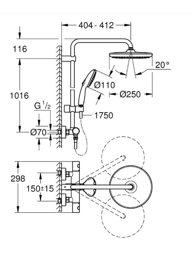 Termostatinė dušo sistema Grohe Tempesta System 250  (galva Ø250, alkūnė 390mm, 2`jų srovių rankinis dušas, 8 l/min), ma 2