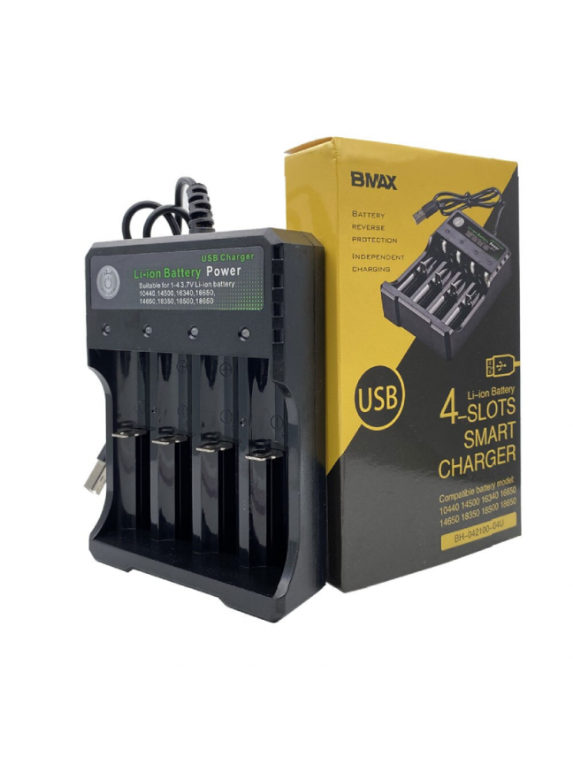 USB Baterijų Įkroviklis BMAX 3.7V, 4 Lizdų 18650 USB Baterijų Įkroviklis BMAX 3.7V, 4 Lizdų 18650