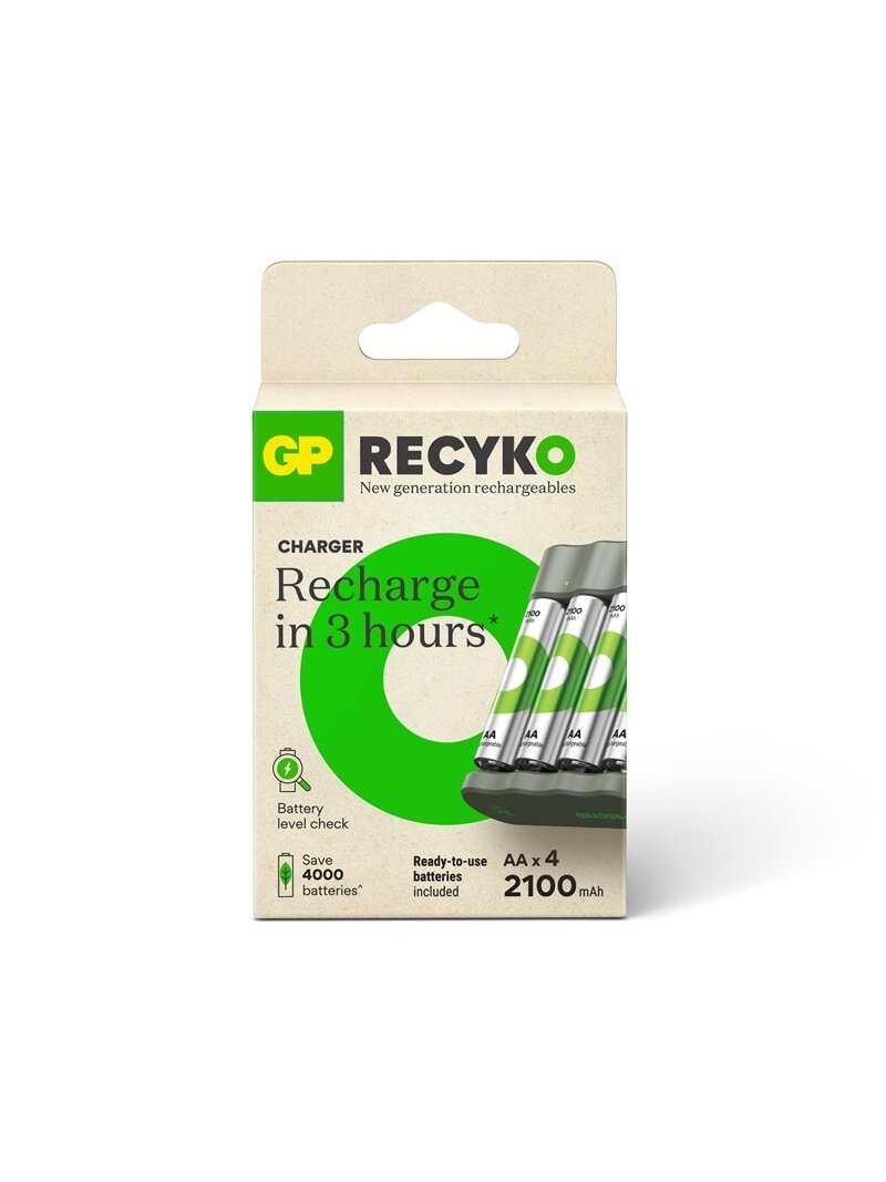 USB kroviklis GP RECYKO +4vnt. AA (2100mAh) įkr. elementai USB kroviklis GP RECYKO +4vnt. AA (2100mAh) įkr. elementai