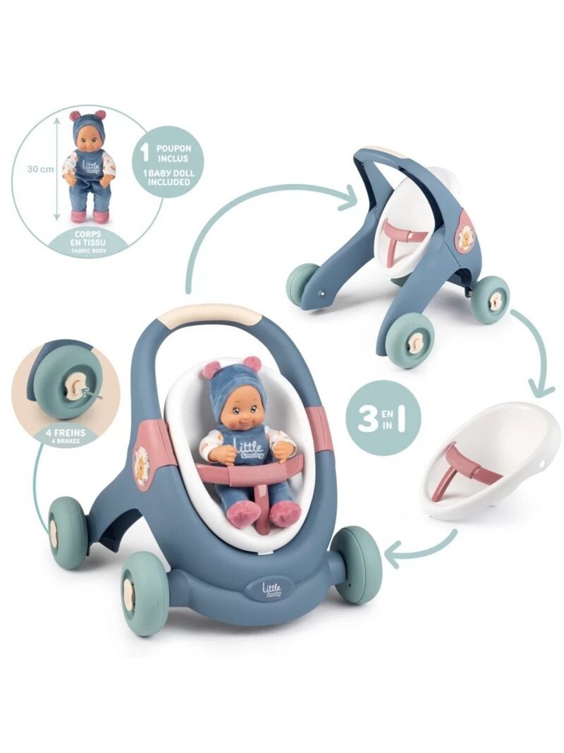 Vežimėlis SMOBY Little Walker 3in1 Kūdikių Vežimėlis + Lėlė