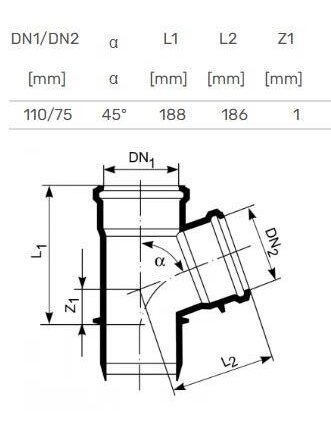 Vidaus kanalizacijos trišakis HTplus, Ø 110 / 75 mm, 45° 1