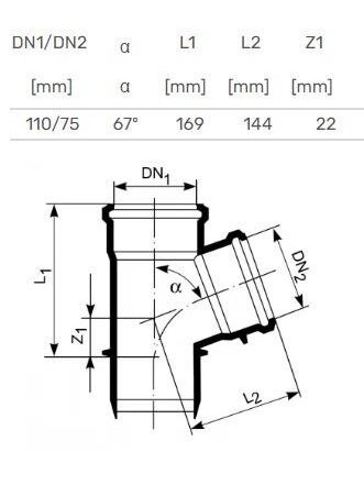 Vidaus kanalizacijos trišakis HTplus, Ø 110 / 75 mm, 67° 1