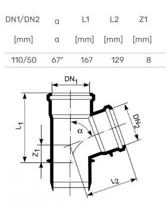 Vidaus kanalizacijos trišakis HTplus, Ø 50 / 110 mm, 67° 1 Vidaus kanalizacijos trišakis HTplus, Ø 50 / 110 mm, 67° 1