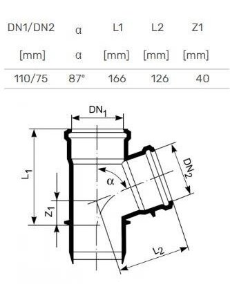 Vidaus kanalizacijos trišakis HTplus, Ø 110 / 75 mm, 87° 1