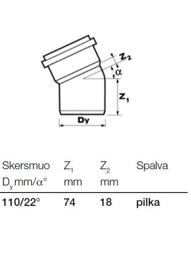 Vidaus kanalizacijos alkūnė Wavin, Ø 110 mm, 22° Vidaus kanalizacijos alkūnė Wavin, Ø 110 mm, 22°