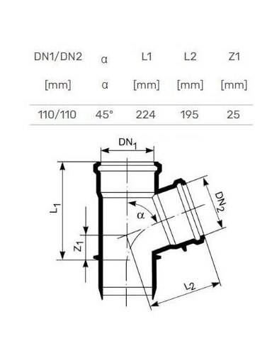 Vidaus kanalizacijos trišakis HTplus, Ø 110 / 110 mm, 45°