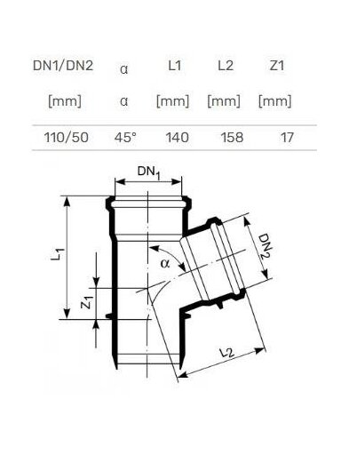 Vidaus kanalizacijos trišakis HTplus, Ø 50/ 110 mm, 45°
