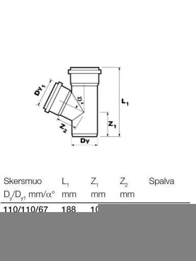 Vidaus kanalizacijos trišakis Wavin, Ø 110 / 110 mm, 67° Vidaus kanalizacijos trišakis Wavin, Ø 110 / 110 mm, 67°