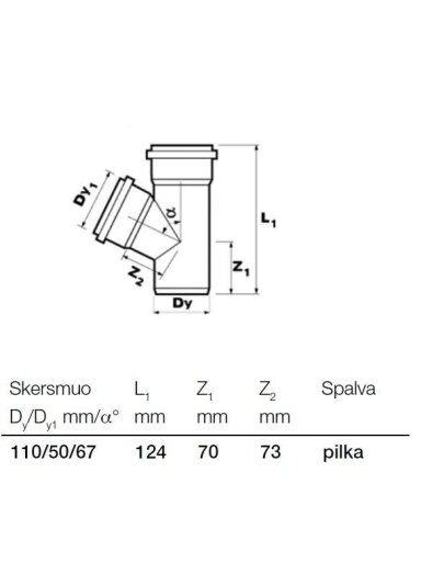 Vidaus kanalizacijos trišakis Wavin, Ø 50/110 mm, 67° Vidaus kanalizacijos trišakis Wavin, Ø 50/110 mm, 67°