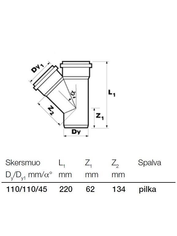 Vidaus kanalizacijos trišakis Wavin, Ø 110 / 110 mm, 45° 1