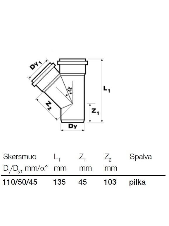 Vidaus kanalizacijos trišakis Wavin, Ø 50 / 110 mm, 45° 1