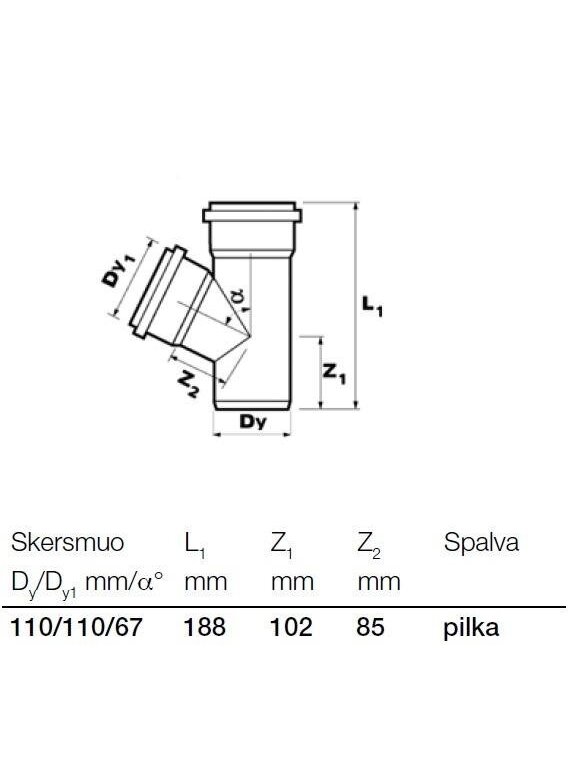 Vidaus kanalizacijos trišakis Wavin, Ø 110 / 110 mm, 67° 1 Vidaus kanalizacijos trišakis Wavin, Ø 110 / 110 mm, 67° 1
