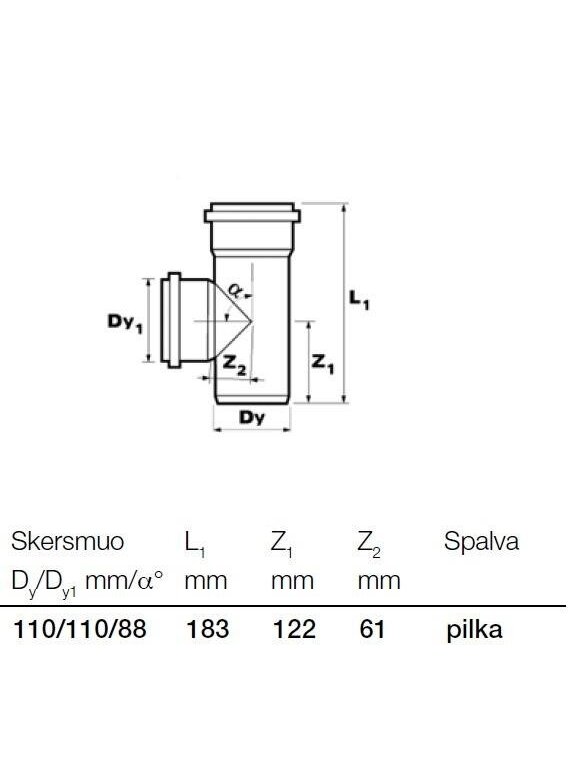 Vidaus kanalizacijos trišakis Wavin, Ø 110 / 110 mm, 88° 1 Vidaus kanalizacijos trišakis Wavin, Ø 110 / 110 mm, 88° 1