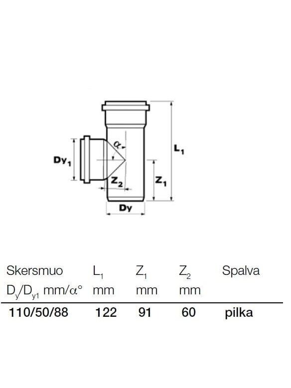 Vidaus kanalizacijos trišakis Wavin, Ø 50 / 110 mm, 88° 1 Vidaus kanalizacijos trišakis Wavin, Ø 50 / 110 mm, 88° 1