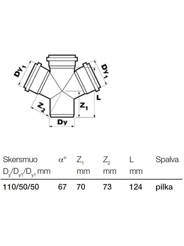 Vidaus kanalizacijos keturšakis Wavin, Ø 50/50/110 mm, 67° 1 Vidaus kanalizacijos keturšakis Wavin, Ø 50/50/110 mm, 67° 1