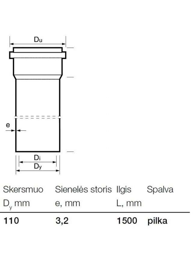 Vidaus kanalizacijos PVC vamzdis Wavin, Ø 110 mm, 1,5 m 1