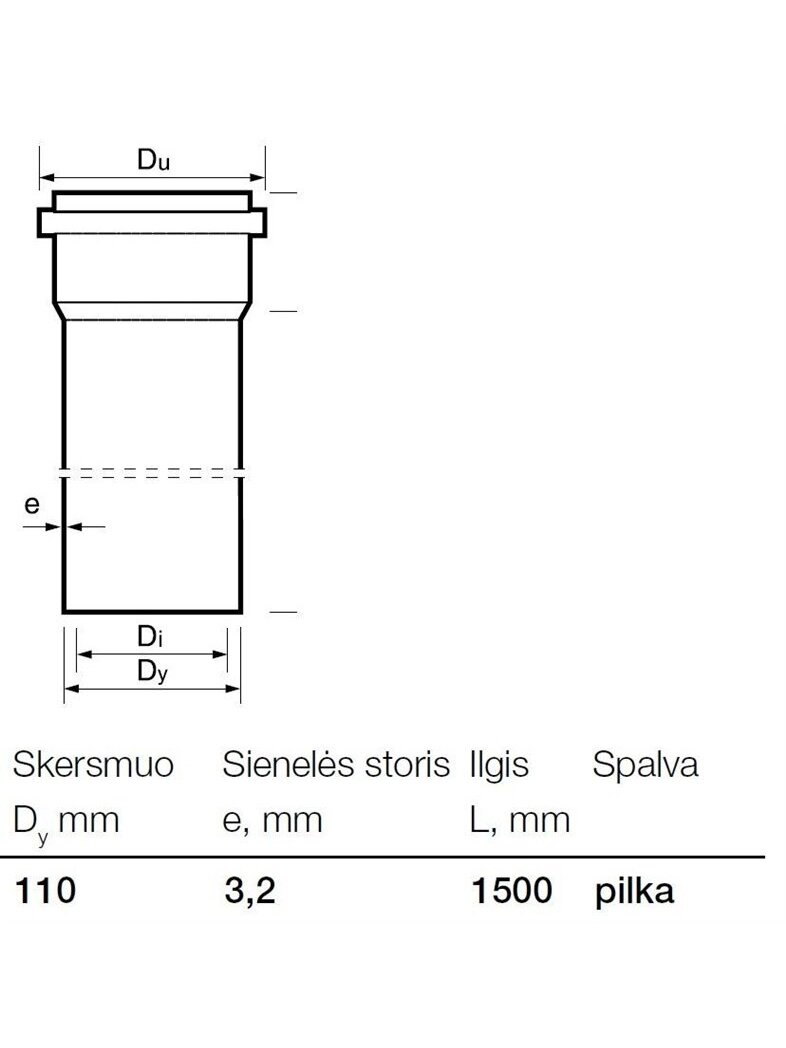 Vidaus kanalizacijos PVC vamzdis Wavin, Ø 110 mm, 1,5 m 1