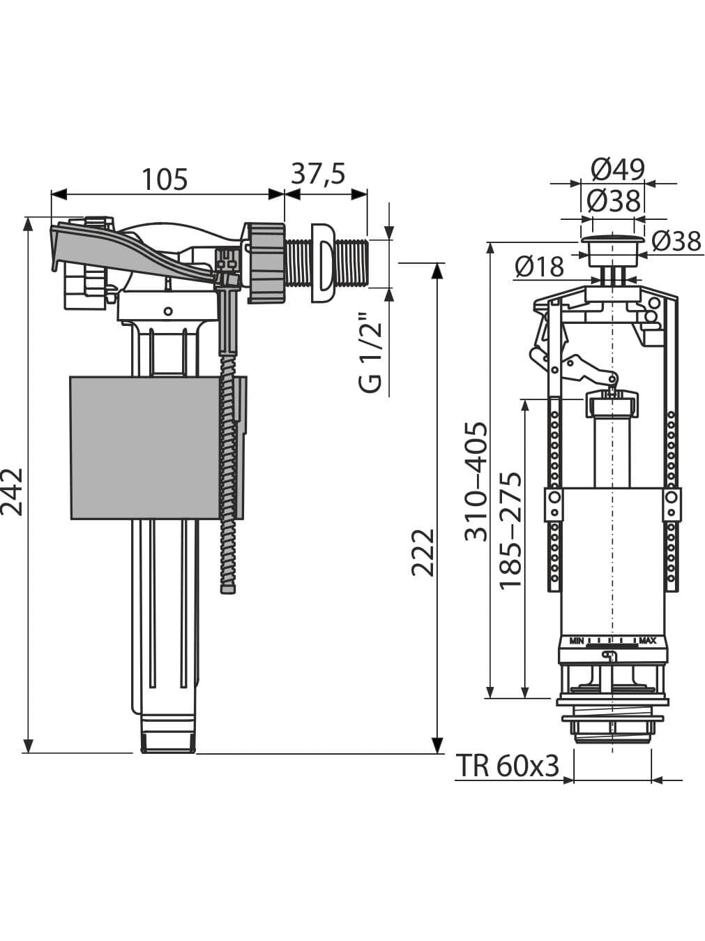 WC mechanizmų komplektas AlcaPlast, prileidimas šoninio pripildymo, nuleidimas su Stop mechanizmu 1 WC mechanizmų komplektas AlcaPlast, prileidimas šoninio pripildymo, nuleidimas su Stop mechanizmu 1