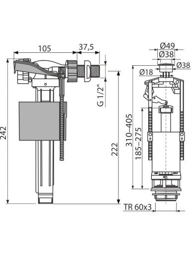 WC mechanizmų komplektas AlcaPlast, prileidimas šoninio pripildymo, nuleidimas su Stop mechanizmu