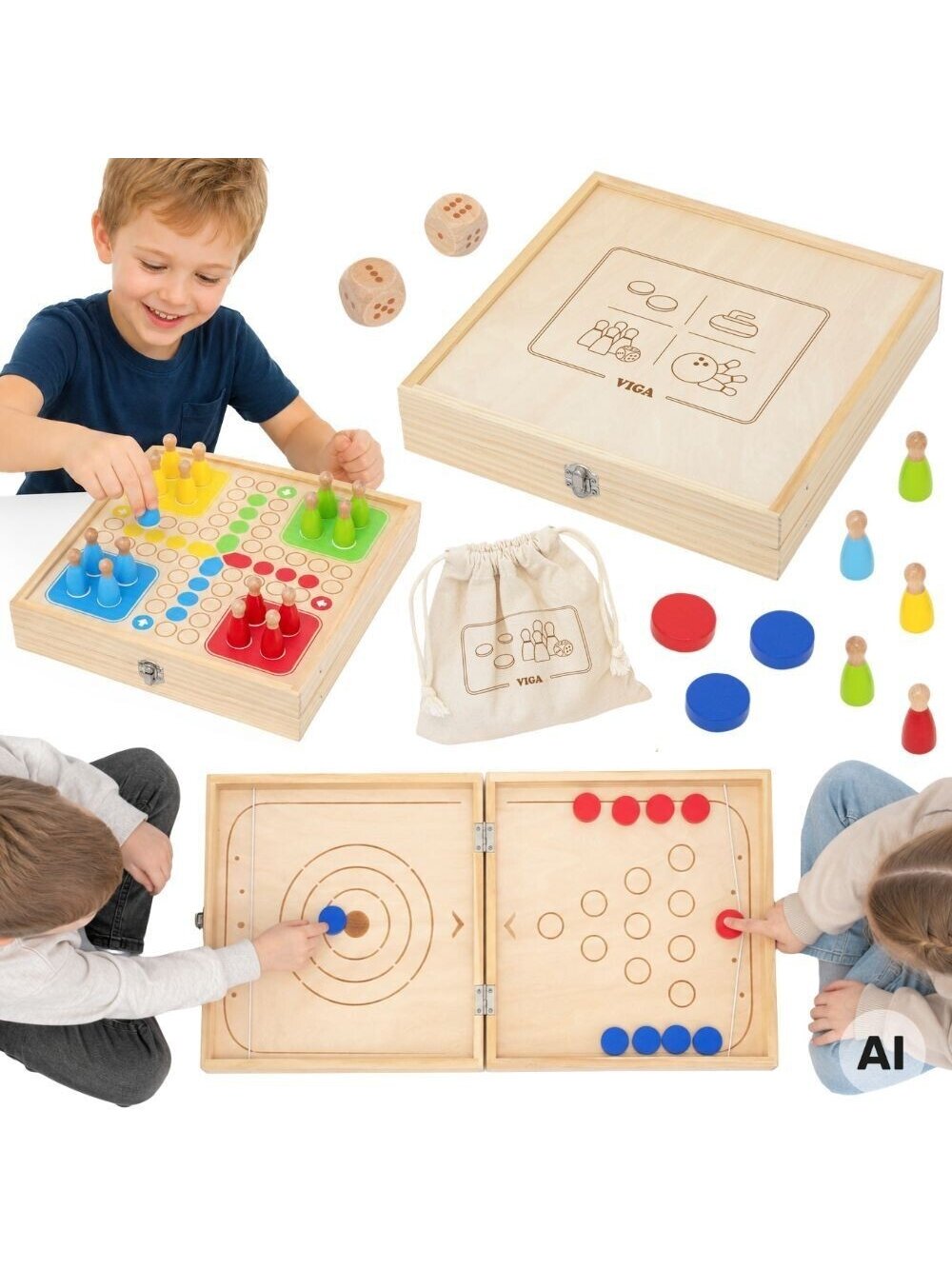 Žaidimų stalas vaikams medinis 4-in-1 ledo ritulys, kerlingas, boulingas ir Ludo Žaidimų stalas vaikams medinis 4-in-1 ledo ritulys, kerlingas, boulingas ir Ludo