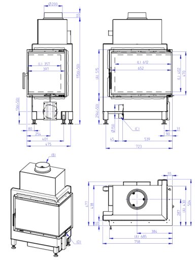Židinio ugniakuras kampinis HR4SG21 65.51.40 dviejų dalių dešinės pusės stiklu 51cm, juoda pakura IGN