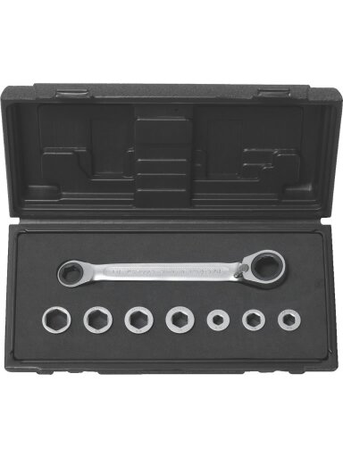 Žiedinių terkšlinių raktų su reversu komplektas  8-vnt GEAR+, KS Tools